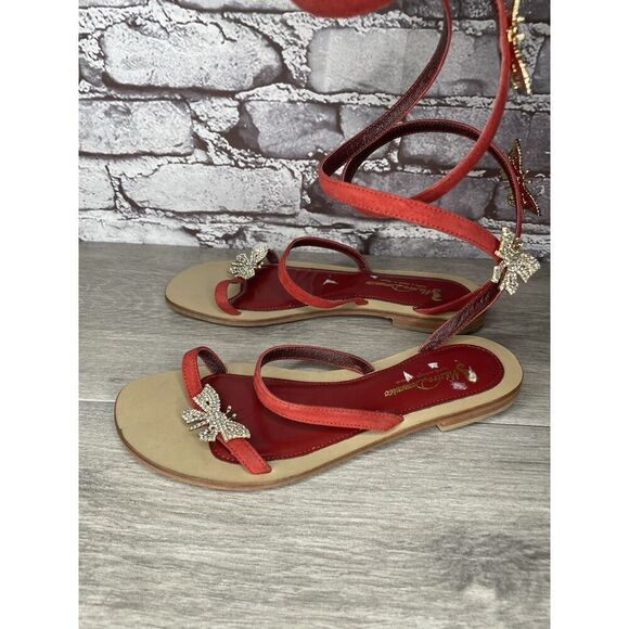 Mastro Domenico Red Leather Butterfly Rhinestone Wrap Around Sandals Women Sz 38 - Picture 1 of 16